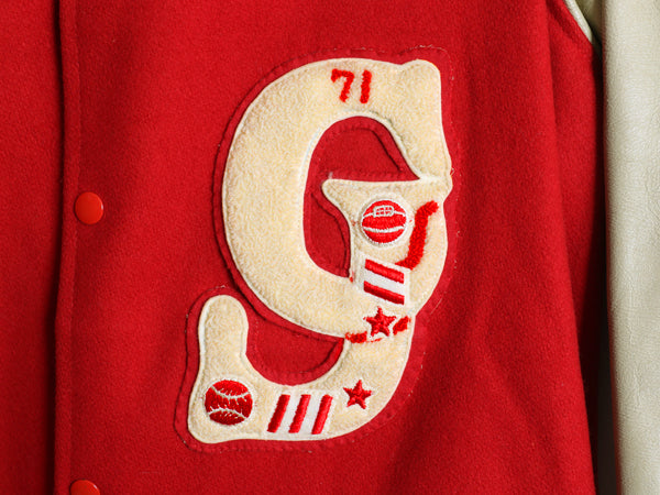 60s USA製 ★ 袖 本革 レザー ウール ロング スタジャン メンズ L ヴィンテージ 襟付き ジャケット ハーフ コート サガラ ワッペン付き 赤