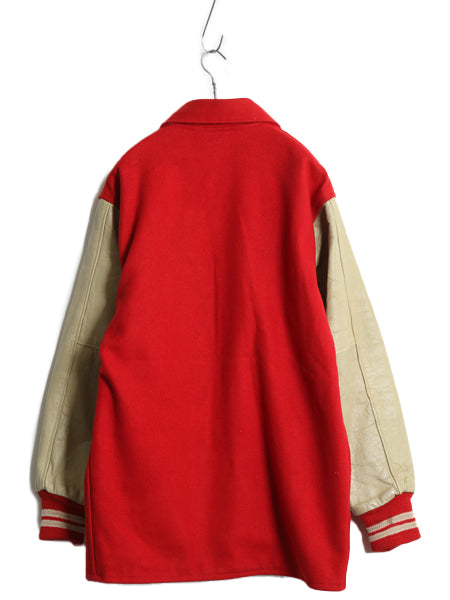 60s USA製 ★ 袖 本革 レザー ウール ロング スタジャン メンズ L ヴィンテージ 襟付き ジャケット ハーフ コート サガラ ワッペン付き 赤