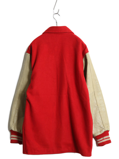 60s USA製 ★ 袖 本革 レザー ウール ロング スタジャン メンズ L ヴィンテージ 襟付き ジャケット ハーフ コート サガラ ワッペン付き 赤