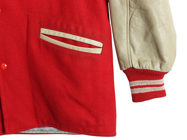 60s USA製 ★ 袖 本革 レザー ウール ロング スタジャン メンズ L ヴィンテージ 襟付き ジャケット ハーフ コート サガラ ワッペン付き 赤