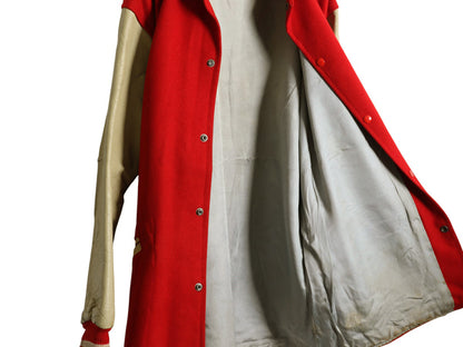 60s USA製 ★ 袖 本革 レザー ウール ロング スタジャン メンズ L ヴィンテージ 襟付き ジャケット ハーフ コート サガラ ワッペン付き 赤