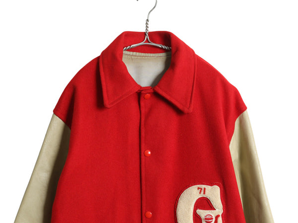 60s USA製 ★ 袖 本革 レザー ウール ロング スタジャン メンズ L ヴィンテージ 襟付き ジャケット ハーフ コート サガラ ワッペン付き 赤