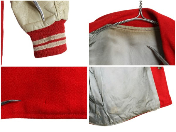 60s USA製 ★ 袖 本革 レザー ウール ロング スタジャン メンズ L ヴィンテージ 襟付き ジャケット ハーフ コート サガラ ワッペン付き 赤