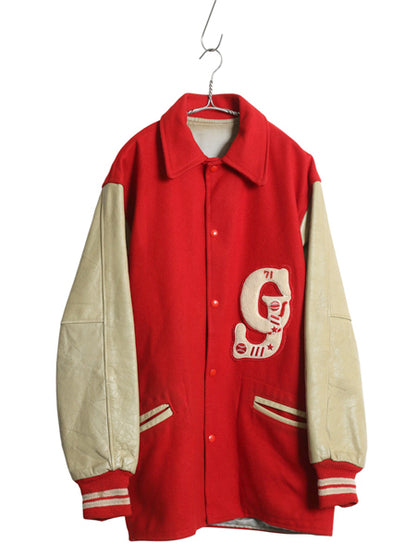 60s USA製 ★ 袖 本革 レザー ウール ロング スタジャン メンズ L ヴィンテージ 襟付き ジャケット ハーフ コート サガラ ワッペン付き 赤