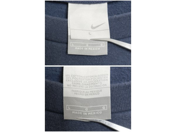 00s USA製 ナイキ ロゴ 刺繍 スウェット メンズ L 古着 オールド 当時物 スウッシュ トレーナー 裏起毛 クルーネック シンプル ゆったり 紺