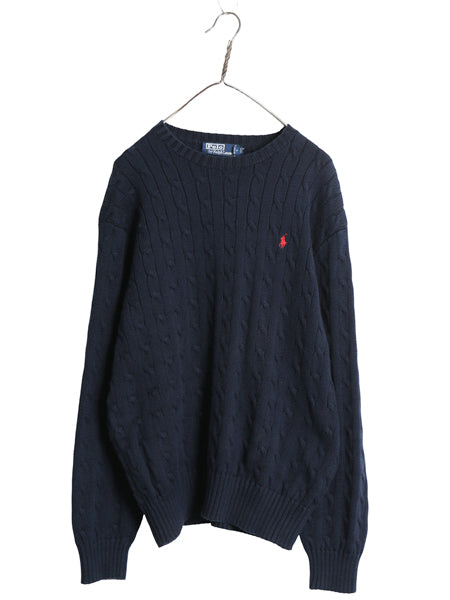 90s ポロ ラルフローレン コットン ケーブル ニット セーター メンズ XL / 長袖ニット クルーネック ワンポイント 大きいサイズ ポニー 紺