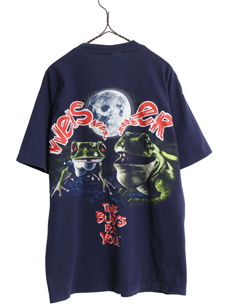 90s USA製 ★ バドワイザー カエル イラスト プリント Tシャツ メンズ L / 古着 オールド キャラクター ビール 企業物 当時物 アニマル 紺