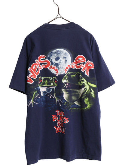 90s USA製 ★ バドワイザー カエル イラスト プリント Tシャツ メンズ L / 古着 オールド キャラクター ビール 企業物 当時物 アニマル 紺