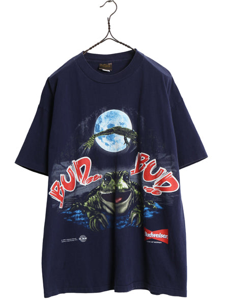 90s USA製 ★ バドワイザー カエル イラスト プリント Tシャツ メンズ L / 古着 オールド キャラクター ビール 企業物 当時物 アニマル 紺