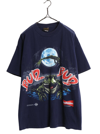 90s USA製 ★ バドワイザー カエル イラスト プリント Tシャツ メンズ L / 古着 オールド キャラクター ビール 企業物 当時物 アニマル 紺
