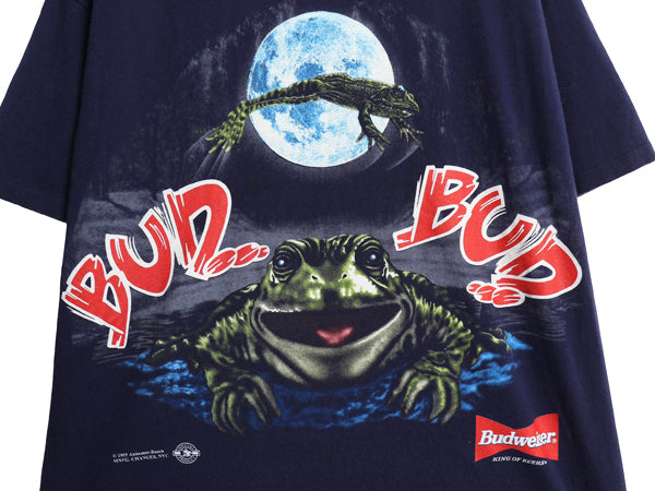 90s USA製 ★ バドワイザー カエル イラスト プリント Tシャツ メンズ L / 古着 オールド キャラクター ビール 企業物 当時物 アニマル 紺