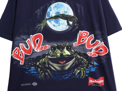90s USA製 ★ バドワイザー カエル イラスト プリント Tシャツ メンズ L / 古着 オールド キャラクター ビール 企業物 当時物 アニマル 紺