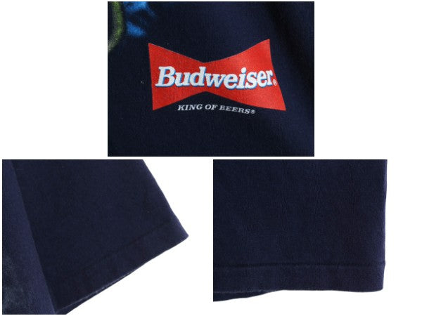 90s USA製 ★ バドワイザー カエル イラスト プリント Tシャツ メンズ L / 古着 オールド キャラクター ビール 企業物 当時物 アニマル 紺