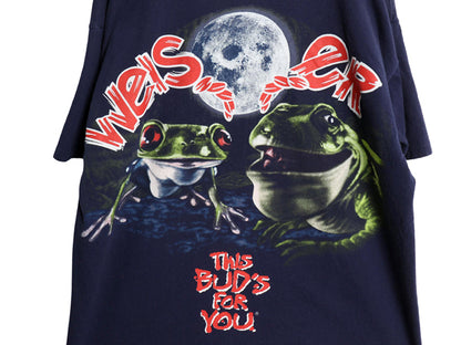 90s USA製 ★ バドワイザー カエル イラスト プリント Tシャツ メンズ L / 古着 オールド キャラクター ビール 企業物 当時物 アニマル 紺