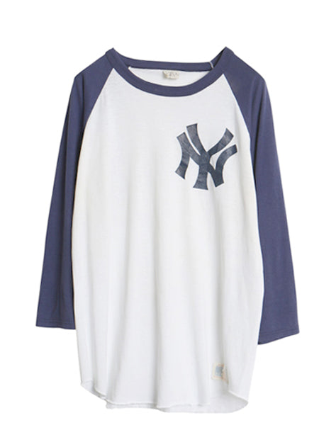 80s USA製 ヤンキース プリント ベースボール Tシャツ メンズ L / ヴィンテージ MLB オフィシャル 大リーグ 7分袖 クルーネック ツートン