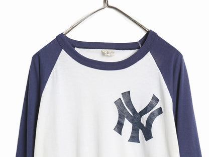 80s USA製 ヤンキース プリント ベースボール Tシャツ メンズ L / ヴィンテージ MLB オフィシャル 大リーグ 7分袖 クルーネック ツートン