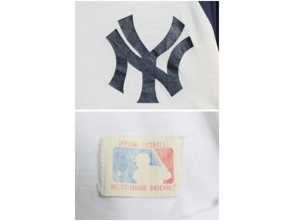 80s USA製 ヤンキース プリント ベースボール Tシャツ メンズ L / ヴィンテージ MLB オフィシャル 大リーグ 7分袖 クルーネック ツートン