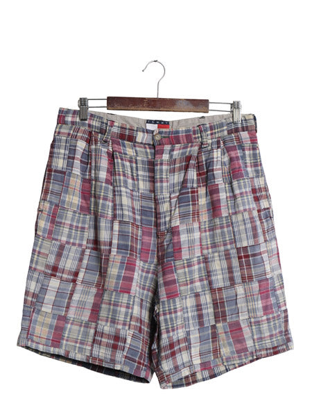 90s トミーヒルフィガー パッチワーク ショートパンツ メンズ L / 古着 オールド マドラス チェック ショーツ 短パン コットン ツータック