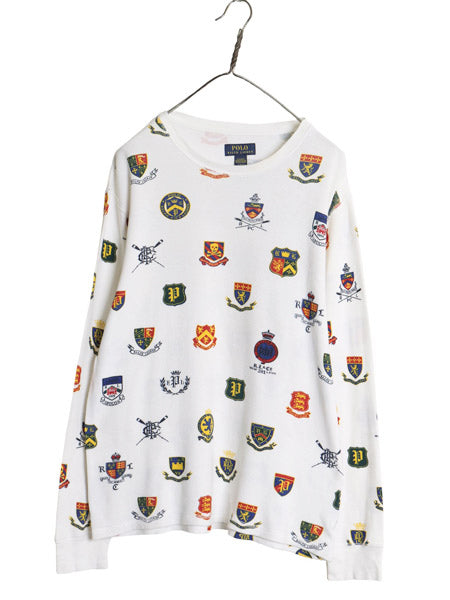 ポロ ラルフローレン 長袖 サーマル Tシャツ メンズ L / ロンT ワッフル コットン エンブレム スカル モノグラム 総柄 インナー ホワイト