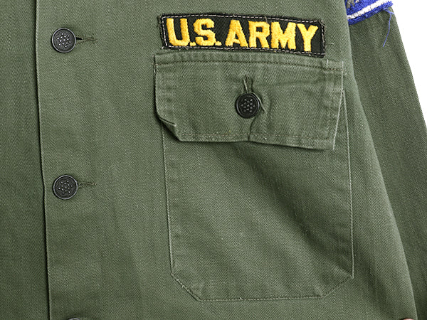 50s 60s ★ 民間 US ARMY コットン サテン ユーティリティ シャツ メンズ S 古着 ヴィンテージ ミリタリー 筒袖 13スター OG107 ワッペン