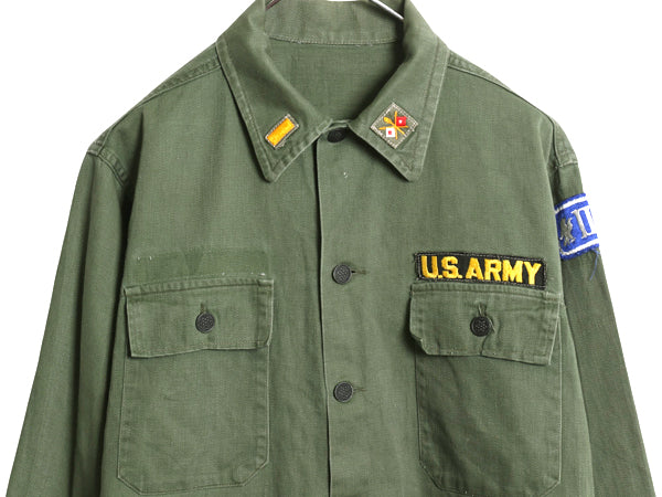50s 60s ★ 民間 US ARMY コットン サテン ユーティリティ シャツ メンズ S 古着 ヴィンテージ ミリタリー 筒袖 13スター OG107 ワッペン