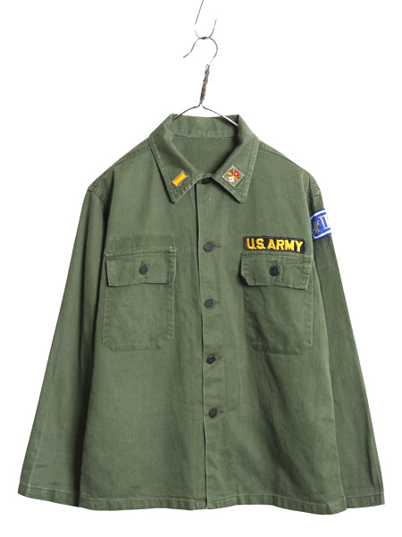 50s 60s ★ 民間 US ARMY コットン サテン ユーティリティ シャツ メンズ S 古着 ヴィンテージ ミリタリー 筒袖 13スター OG107 ワッペン