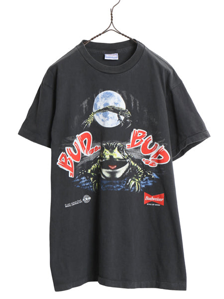 90s USA製 ★ バドワイザー カエル イラスト プリント Tシャツ メンズ L / 古着 オールド ビール 当時物 企業物 キャラクター アニマル 黒