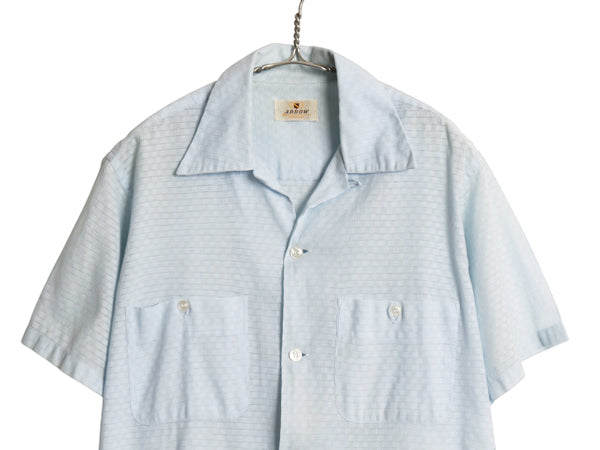50s USA製 ★ アロー オープンカラー シャツ メンズ M / ヴィンテージ 開襟 ボックス チェック 半袖シャツ ポケット付き サックス ブルー