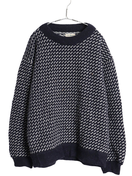 90s ノルウェー製 エルエルビーン バーズアイ ニット セーター メンズ L オールド アウトドア ウール レーヨン ノルディック 総柄 ネイビー
