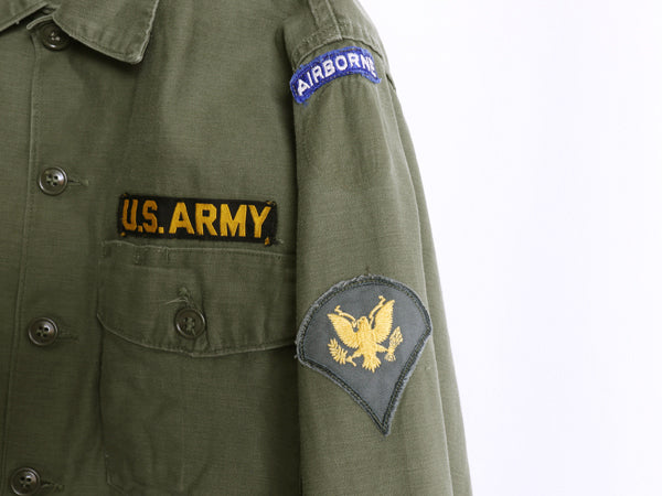 60s 米軍実物 US ARMY コットン サテン ユーティリティ シャツ L / ヴィンテージ OG107 シャツ袖 1st 軍物 ミリタリー ワッペン フルパッチ
