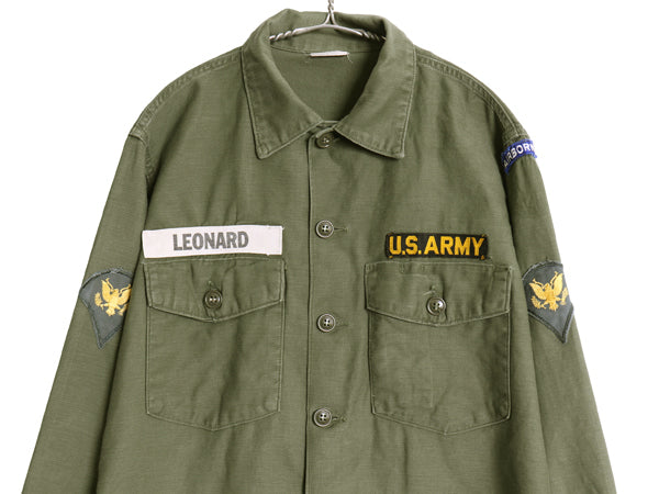 60s 米軍実物 US ARMY コットン サテン ユーティリティ シャツ L / ヴィンテージ OG107 シャツ袖 1st 軍物 ミリタリー ワッペン フルパッチ