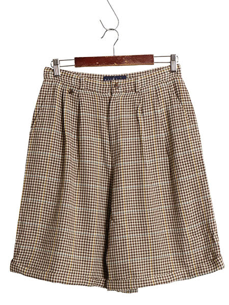 80s USA製 ラルフローレン チェック ショートパンツ レディース M 程 ヴィンテージ ポロ タック入り レーヨン ウール 短パン ハーフパンツ