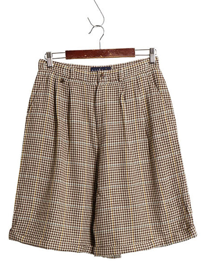 80s USA製 ラルフローレン チェック ショートパンツ レディース M 程 ヴィンテージ ポロ タック入り レーヨン ウール 短パン ハーフパンツ