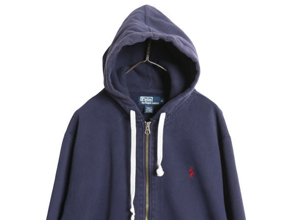 00s ポロ ラルフローレン フルジップ スウェット フード パーカー メンズ XL 古着 オールド 裏起毛 ヘビーウェイト ポニー 紺 大きいサイズ