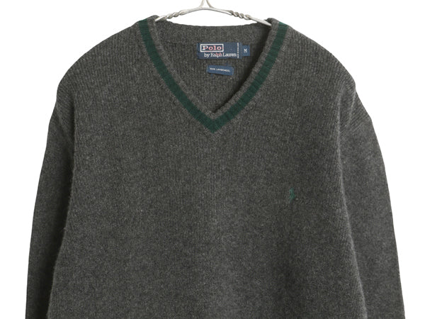 90s ポロ ラルフローレン Vネック チルデン タイプ ニット セーター メンズ M / オールド ラム ウール ワンポイント ポニー リブ編み 濃灰