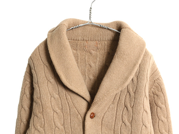 70s 80s ショールカラー ウール ニット カーディガン メンズ M 古着 ヴィンテージ セーター ケーブル 前開き 無地 ポケット付き ブラウン
