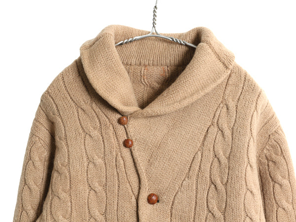 70s 80s ショールカラー ウール ニット カーディガン メンズ M 古着 ヴィンテージ セーター ケーブル 前開き 無地 ポケット付き ブラウン