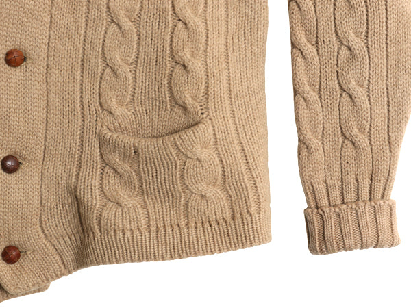 70s 80s ショールカラー ウール ニット カーディガン メンズ M 古着 ヴィンテージ セーター ケーブル 前開き 無地 ポケット付き ブラウン