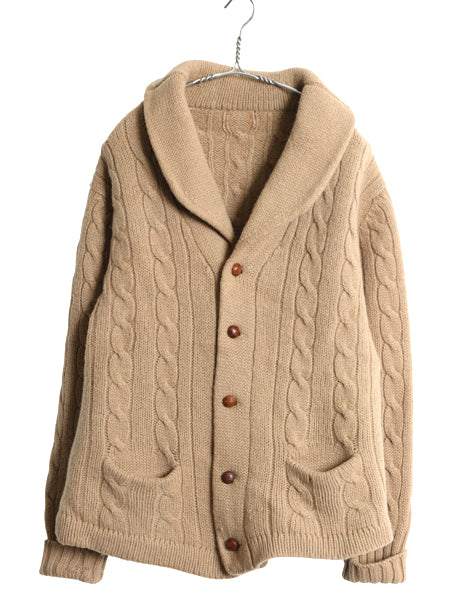 70s 80s ショールカラー ウール ニット カーディガン メンズ M 古着 ヴィンテージ セーター ケーブル 前開き 無地 ポケット付き ブラウン