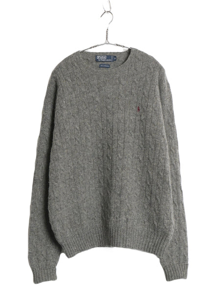 90s ポロ ラルフローレン ケーブル ニット セーター メンズ XL オールド ラム ウール クルーネック ワンポイント ポニー 大きいサイズ 薄手