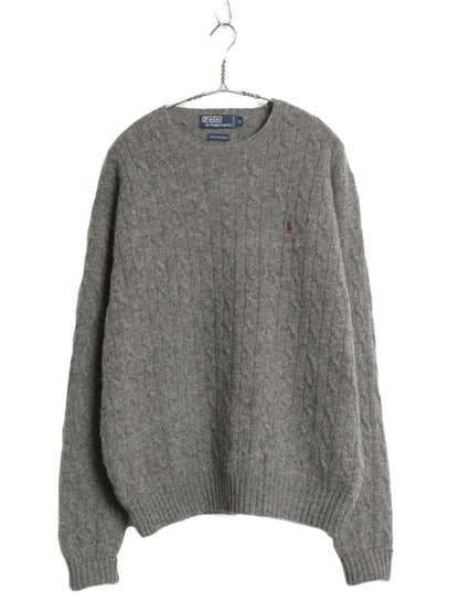 90s ポロ ラルフローレン ケーブル ニット セーター メンズ XL オールド ラム ウール クルーネック ワンポイント ポニー 大きいサイズ 薄手