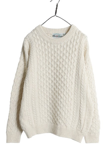 アイルランド製 aran crafts フィッシャーマン ウール ニット セーター メンズ レディース M 古着 アラン ケーブル ローゲージ ナチュラル