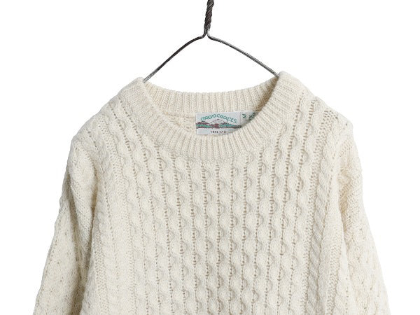 アイルランド製 aran crafts フィッシャーマン ウール ニット セーター メンズ レディース M 古着 アラン ケーブル ローゲージ ナチュラル