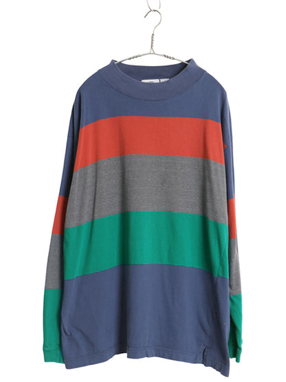 90s USA製 ドッカーズ リーバイス モックネック ボーダー 長袖 Tシャツ メンズ XL オールド ロンT ワンポイント マルチカラー 大きいサイズ