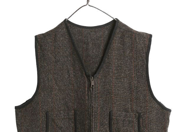 ウールリッチ ツイード ウール ベスト メンズ L フルジップ ストライプ シンチバック ポケット付き 前開き 重ね着 ブラウンズビーチ タイプ
