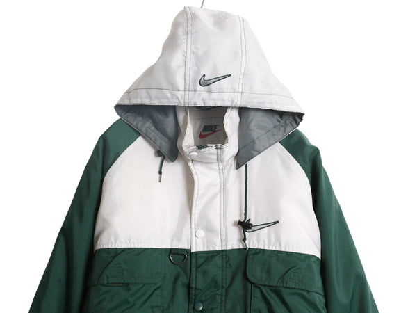 90s ナイキ フード付き 中綿 ナイロン ジャケット メンズ S オールド スウッシュ ウィンドブレーカー フルジップ ハイネック ポケット付き