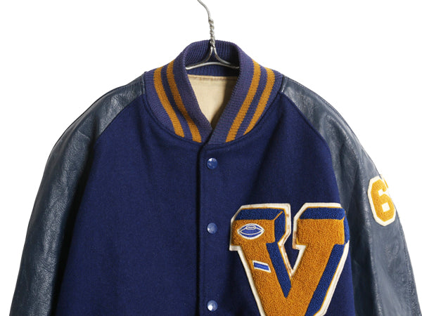 60s ★ HOWE 袖 本革 レザー ウール スタジャン メンズ XL 古着 ヴィンテージ サガラ ワッペン アワード ジャケット ブルゾン 大きいサイズ