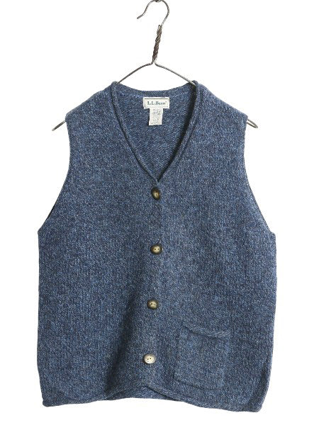 90s エルエルビーン ニット ベスト レディース M オールド アウトドア ウール 前開き 重ね着 セーター 無地 ポケット付き トップス ブルー