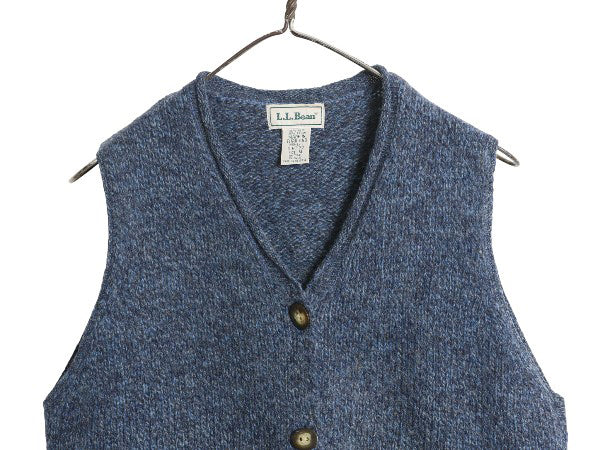 90s エルエルビーン ニット ベスト レディース M オールド アウトドア ウール 前開き 重ね着 セーター 無地 ポケット付き トップス ブルー