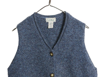 90s エルエルビーン ニット ベスト レディース M オールド アウトドア ウール 前開き 重ね着 セーター 無地 ポケット付き トップス ブルー